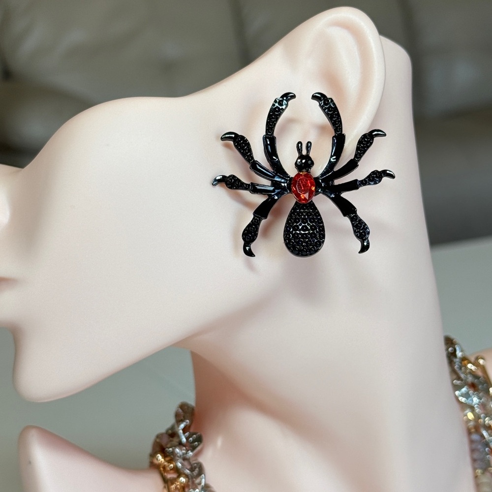 Black Spider Statement Earrings with Red Accent